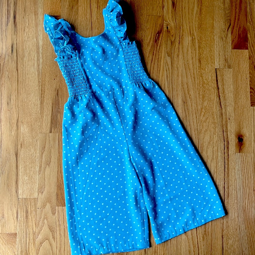 Girls romper jumpsuit teal with polka dots